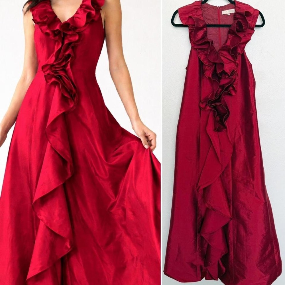 Red Taffeta Cascading Ruffle Maxi Gown Wedding Guest Formal Dress M